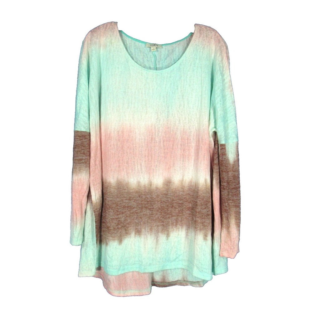 UMGEE Thin SLUB KNIT Brown/Aqua DIP DYE OMBRE Round Neck BLOUSE/TUNIC TOP Sz M